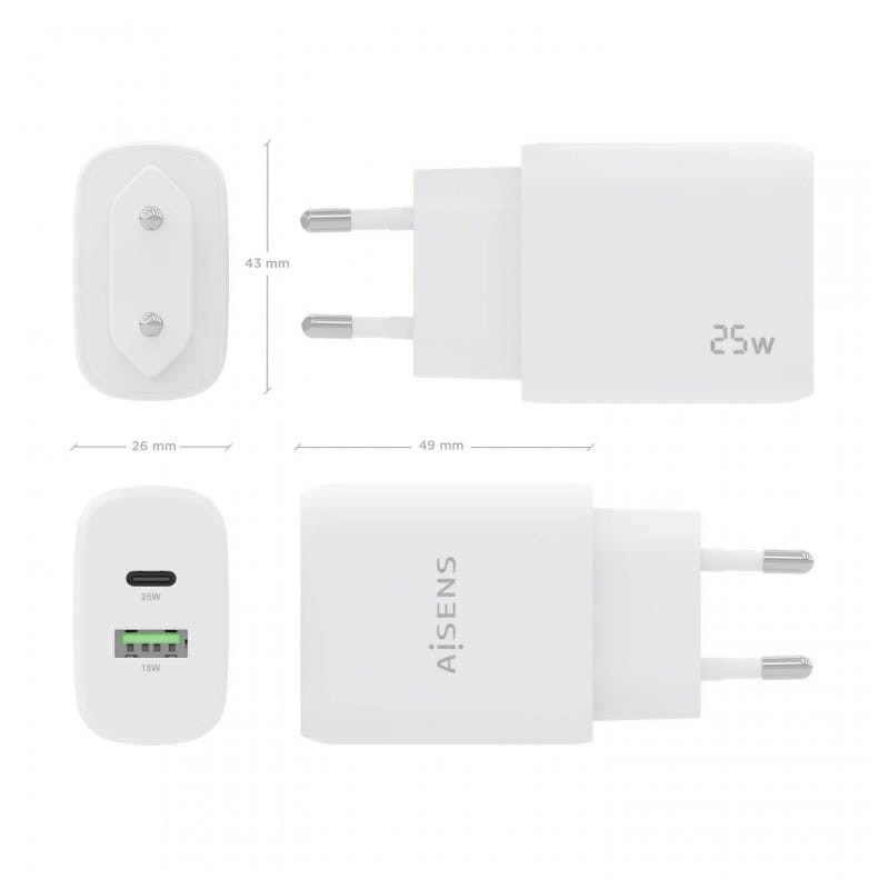 Carregador duplo de alta eficiência Aisens 25W 1xUSB Type-C / 1xUSB Branco - Image 4