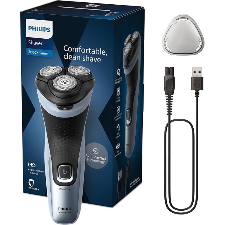 Philips X3053/00 Shaver 3000X Series — Máquina de Barbear Elétrica Wet & Dry, 27 Lâminas PowerCut, 45 min de Utilização, Cabeças Flexíveis 4D