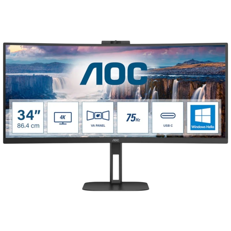 AOC V5 CU34V5CW 34 WQHD VA UltraWide Curvo 100 Hz FreeSync Webcam Preto de Computador - Image 1