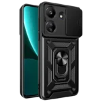 Capa de Armadura Militar para Xiaomi Redmi 13C / Poco C65 / Poco M6 5G com Proteção de Câmara, Suporte Metálico e Anel Preto
