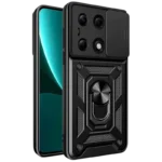 Capa de Armadura Militar para Xiaomi Redmi Note 13 Pro 4G / Poco M6 Pro 4G com Proteção de Câmara, Suporte Metálico e Anel Preto