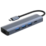 Hub USB BYL-2302 5 em 1 USB Tipo-C/USB 3.0+Tipo C 100W+RJ45 Cinza