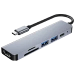 Hub USB BYL-2010 6 em 1 USB Tipo-C/HDMI+USB 3.0+USB 2.0+Tipo C+microSD+TF Cinza