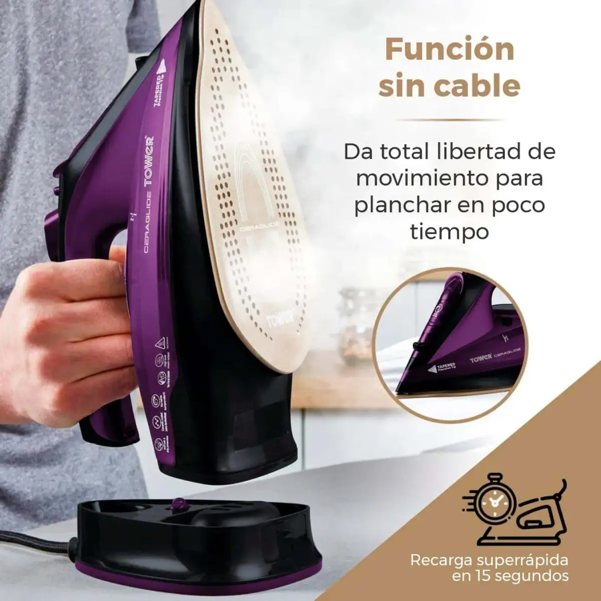 Tower T22008 Ferro de Vapor Sem Fio Base Cerâmica Roxo - Image 4