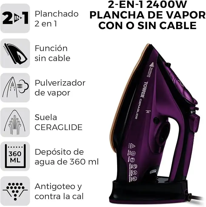 Tower T22008 Ferro de Vapor Sem Fio Base Cerâmica Roxo - Image 5