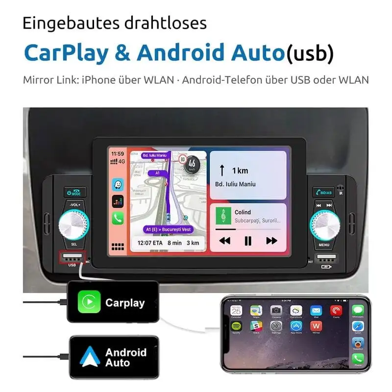 Autorádio 1 DIN SWM 160W 5 polegadas Bluetooth/Carplay/Android Auto Wireless/USB Preto - Image 2