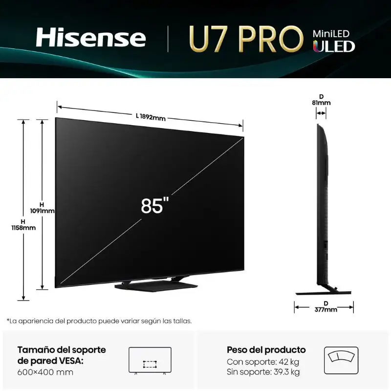 Hisense 85U7Q PRO 85" 4K Ultra HD Smart TV Cinza Carvão - Image 3