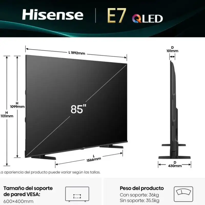 Hisense 85E7Q 85" 4K Ultra HD QLED Smart TV Preto - Televisão - Image 5