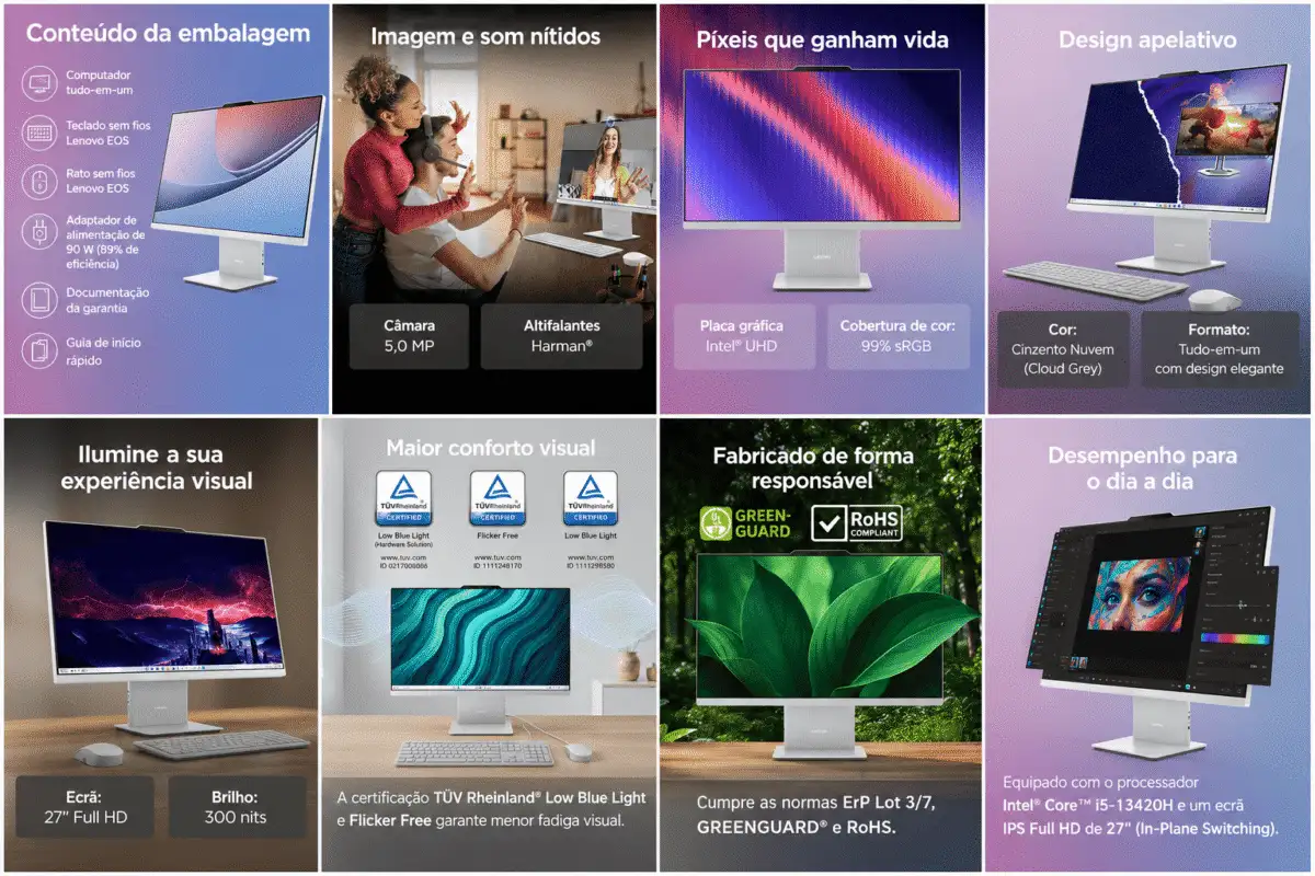 Lenovo Idea Centre AIO i Gen 9 27" FHD, Intel i5, 16 GB RAM, SSD 1 TB, Wi-Fi 6, Windows 11, teclado espanhol, cinzento nuvem - Image 5